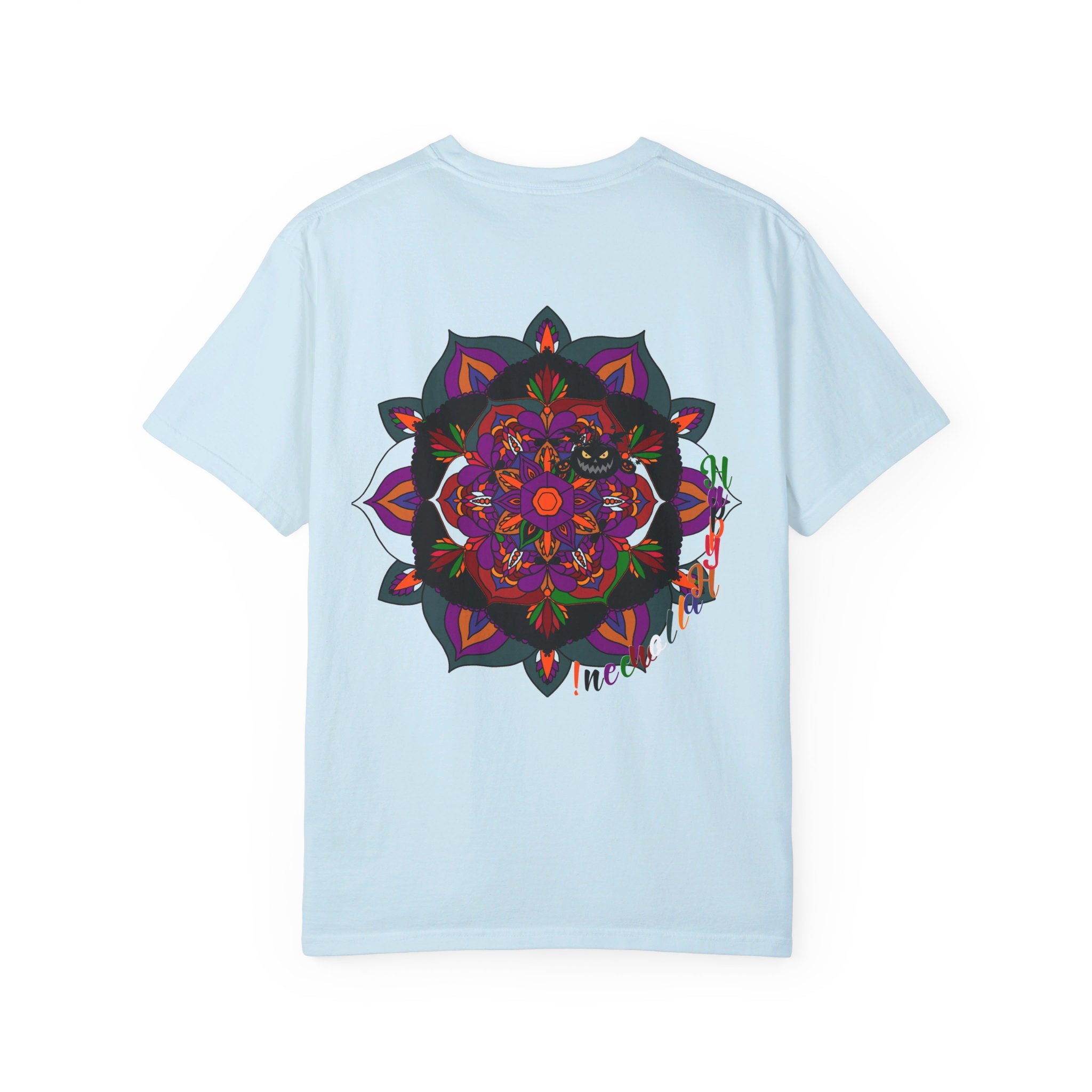 Handmade Mandala Design Halloween T-shirt - Unisex featuring intricate, handcrafted mandala design, perfect for Halloween celebrations