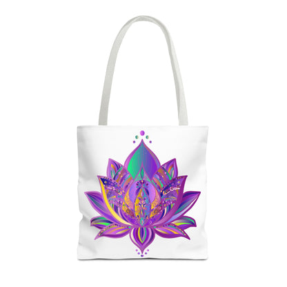 A colorful and intricately-designed Mandala Lotus Tote Bag with vibrant floral patterns