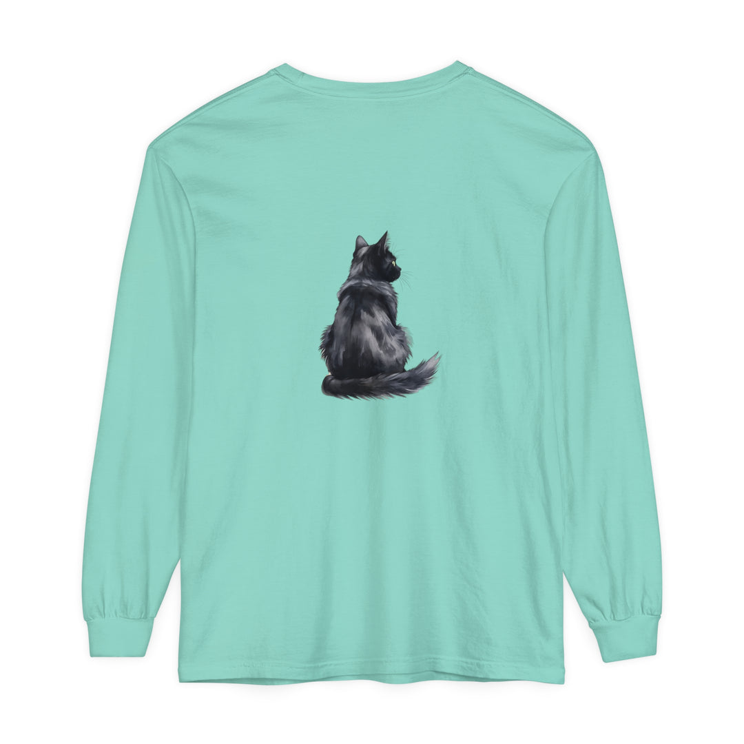 Black Cat Watercolor Long Sleeve T-Shirt - a stylish and comfortable shirt featuring a beautiful watercolor design of a black cat