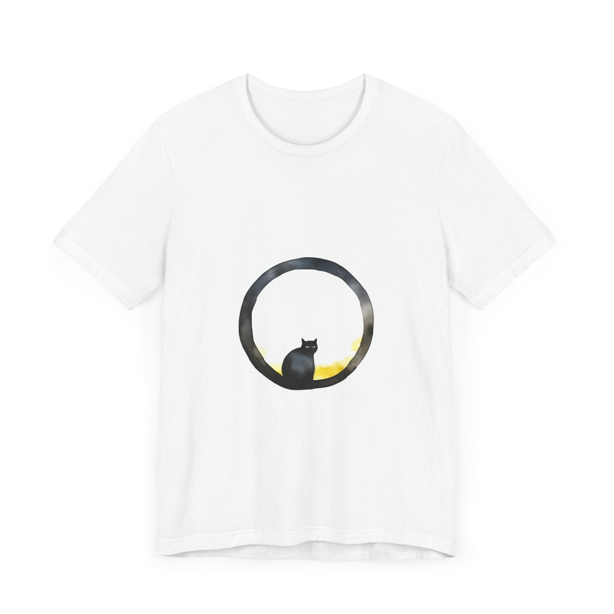 A whimsical black cat sitting on a crescent moon graphic tee