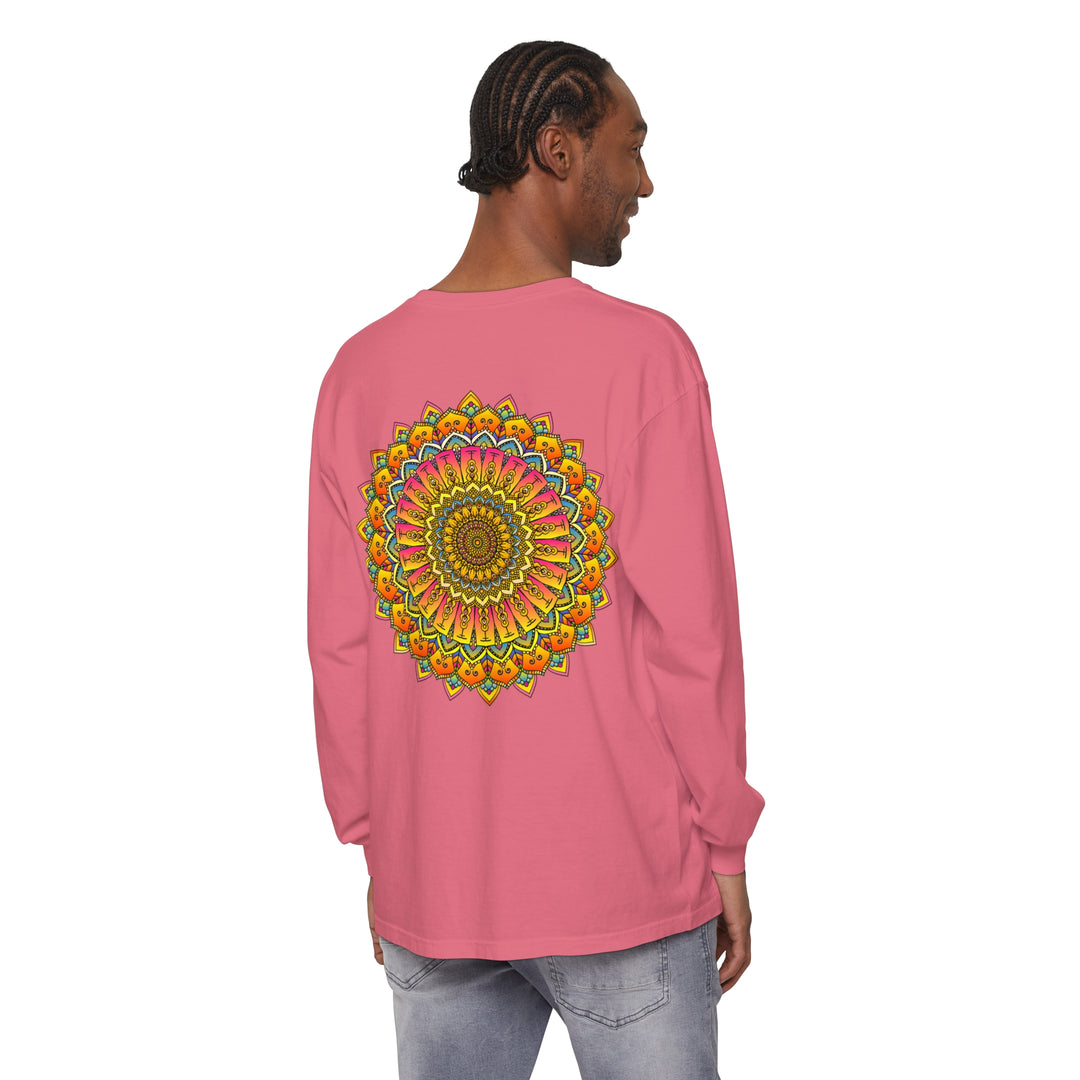 Stylish unisex long sleeve t-shirt with intricate and colorful mandala design