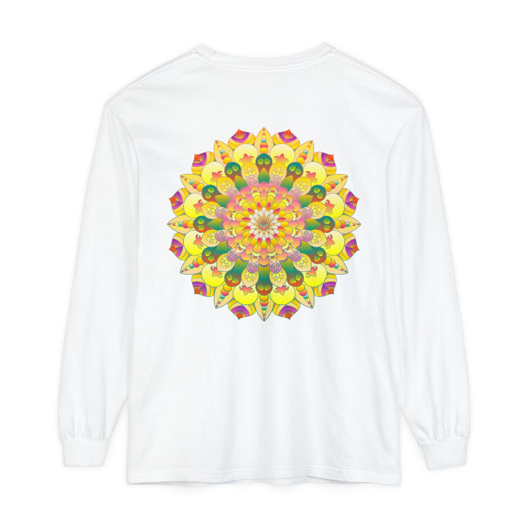 Colorful and intricate mandala design on a unisex long sleeve t-shirt