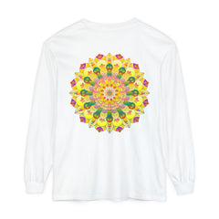 Colorful and intricate mandala design on a unisex long sleeve t-shirt