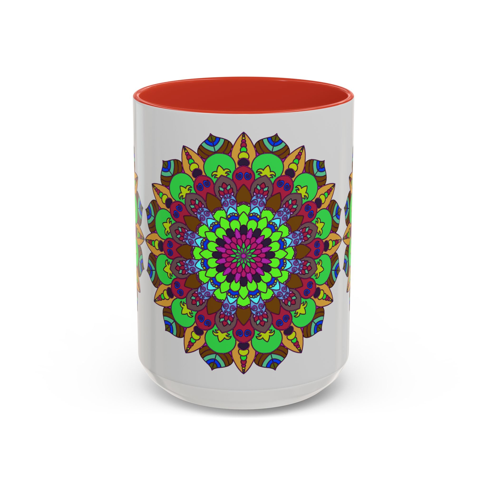 Mandala Art Mug - Vibrant Floral Design alt texts:
Colorful mandala art mug with vibrant floral design on a white background