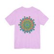 A beautiful and vibrant mandala-themed tee with spiritual symbolism for peace and harmony