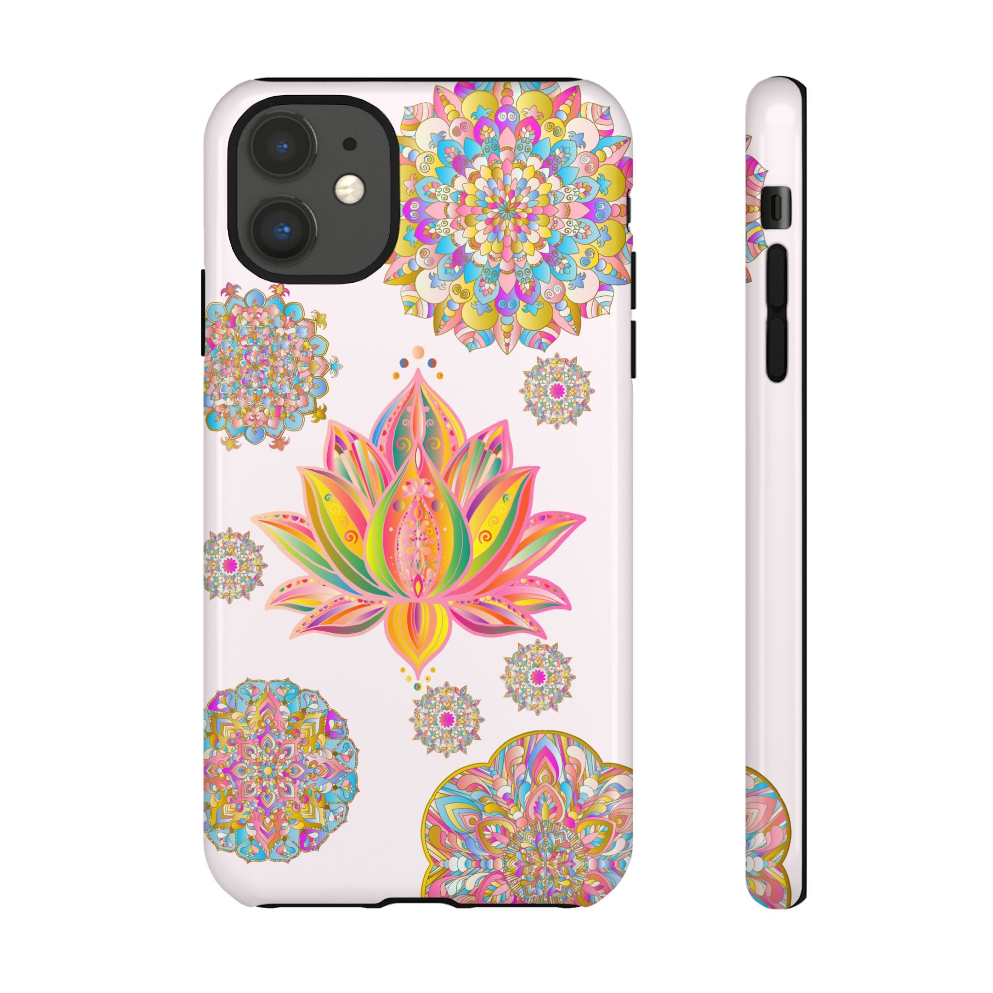 A light pink phone case with a mandala design featuring a beautiful lotus flower