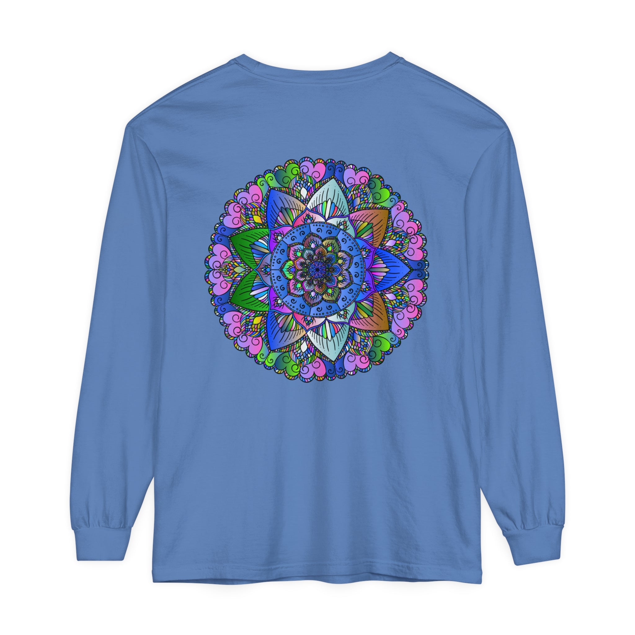 Vibrant mandala long sleeve t-shirt with a colorful, intricate design for men and women