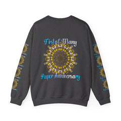 White unisex heavy blend crewneck sweatshirt with 'First of Many, Paper Anniversary' design