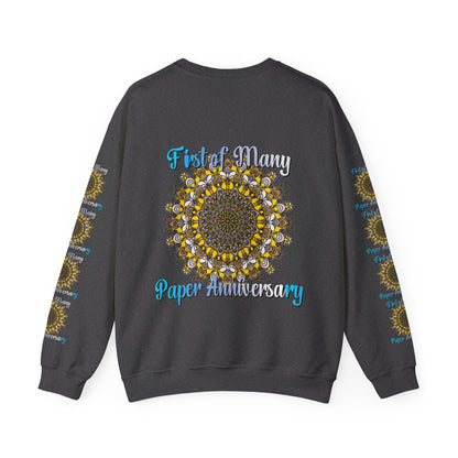 White unisex heavy blend crewneck sweatshirt with 'First of Many, Paper Anniversary' design