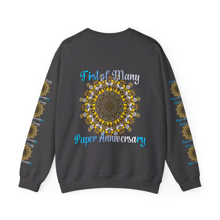 White unisex heavy blend crewneck sweatshirt with 'First of Many, Paper Anniversary' design