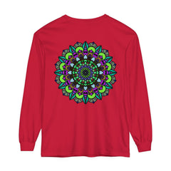 Colorful and intricate mandala design on a unisex long sleeve t-shirt