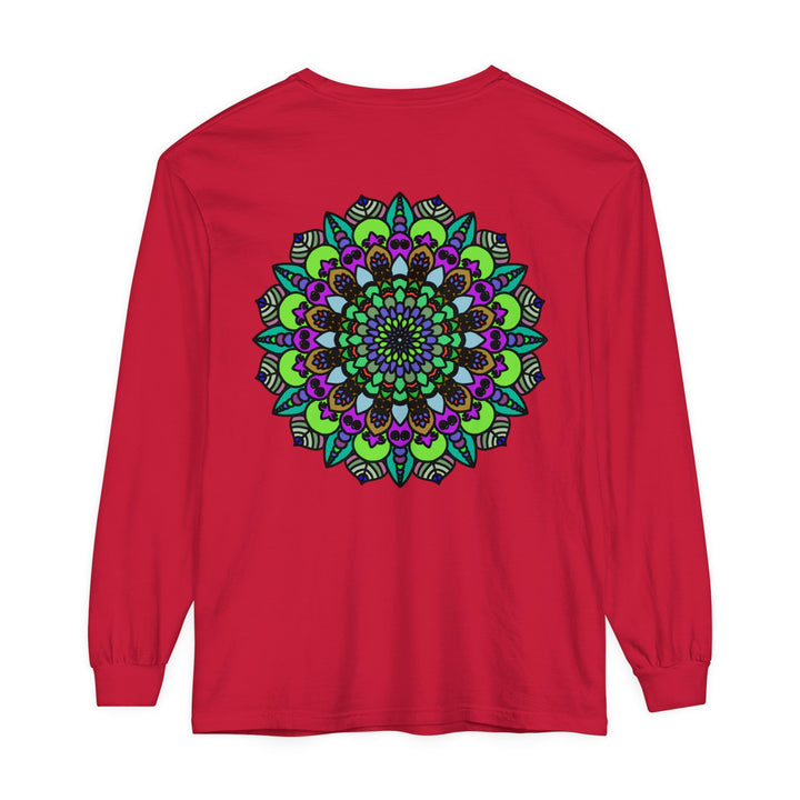 Colorful and intricate mandala design on a unisex long sleeve t-shirt