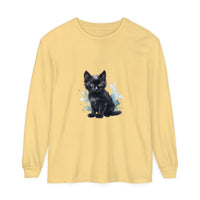 Long sleeve black kitten watercolor t-shirt with realistic print design