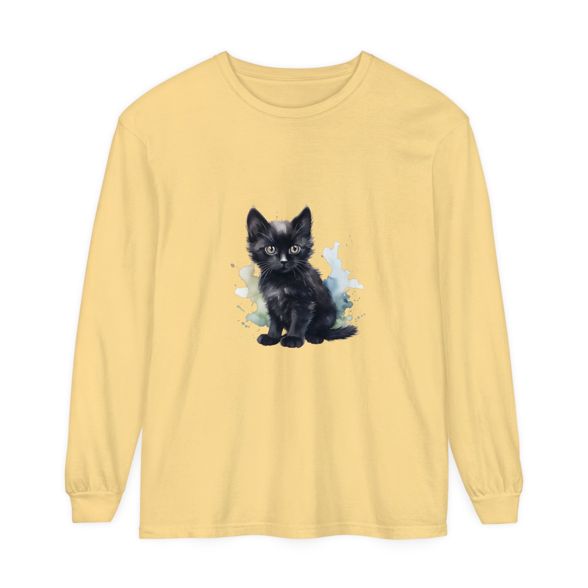 Long sleeve black kitten watercolor t-shirt with realistic print design