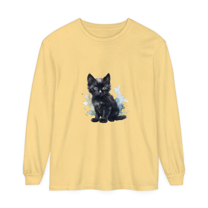 Long sleeve black kitten watercolor t-shirt with realistic print design