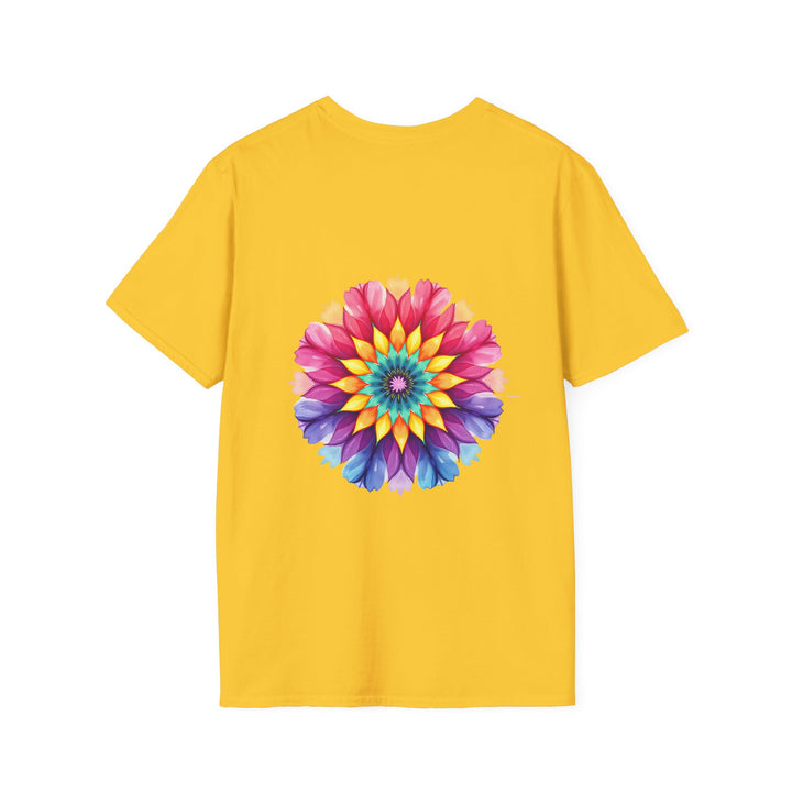 White t-shirt with a colorful floral mandala design and inspirational quote