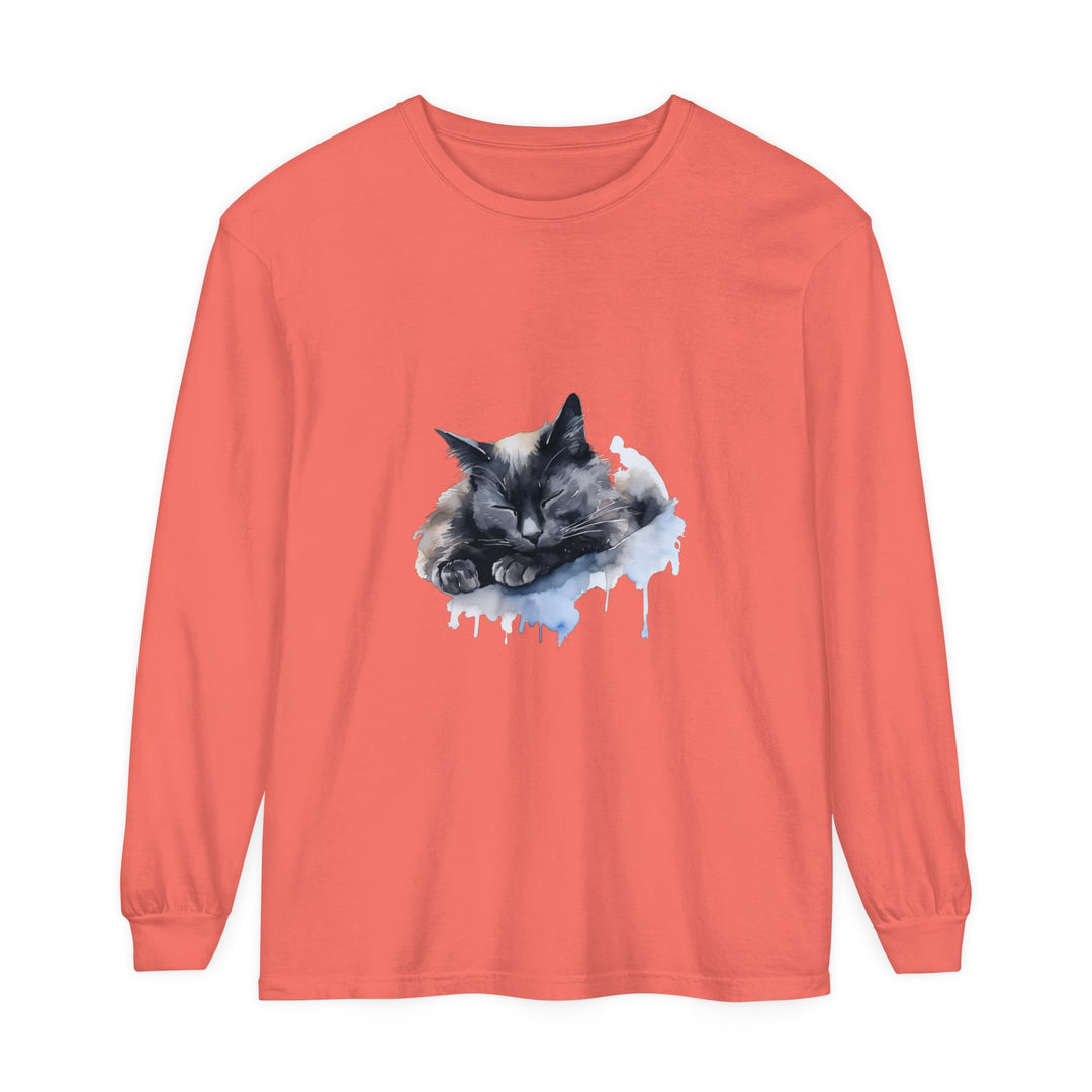 A watercolor painting of a cute cat sleeping on a t-shirt