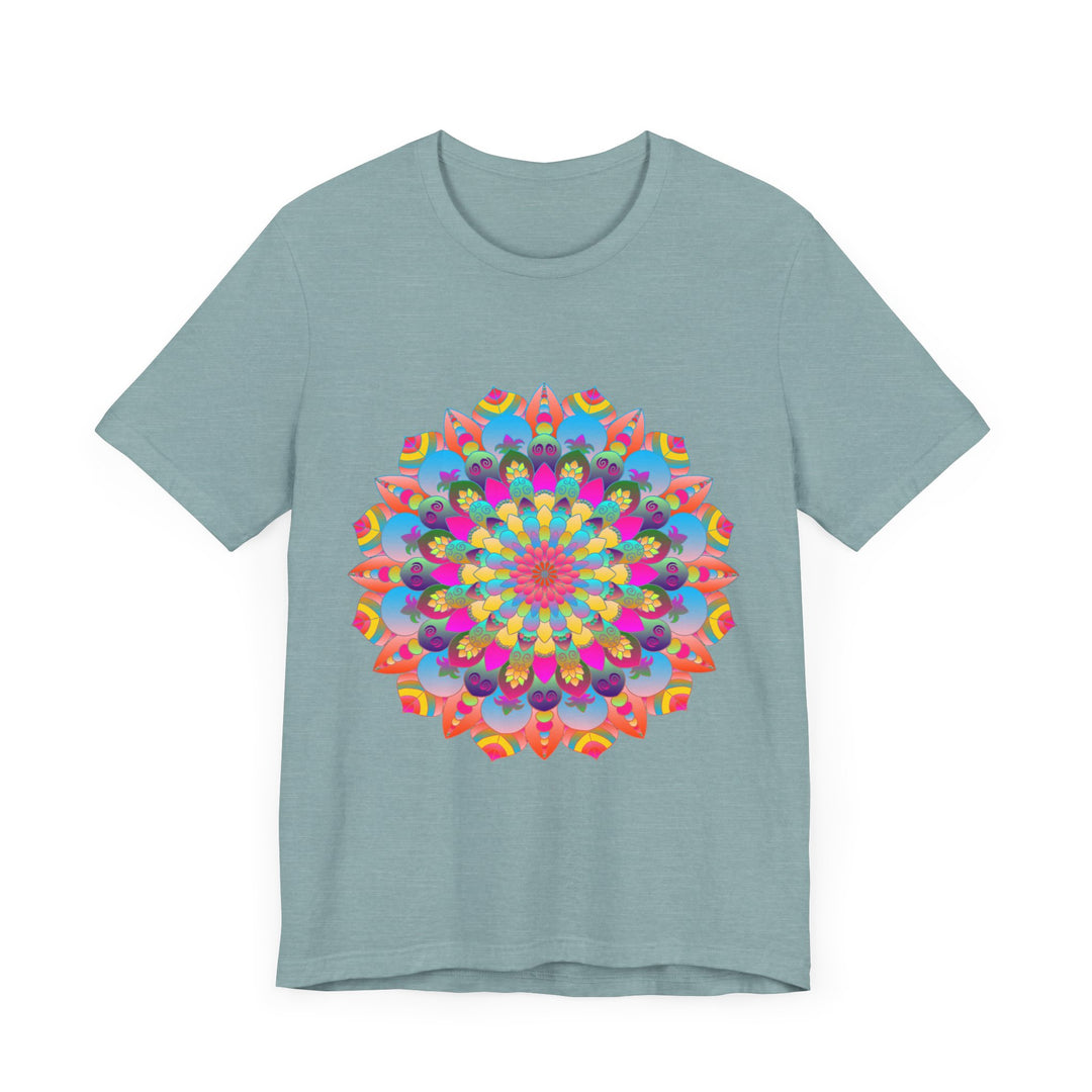 Colorful mandala flower t-shirt with vibrant psychedelic art design for a unique and eye-catching fashion statement