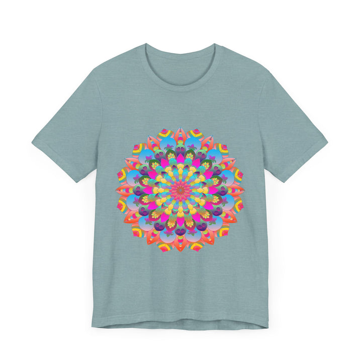 Colorful mandala flower t-shirt with vibrant psychedelic art design for a unique and eye-catching fashion statement