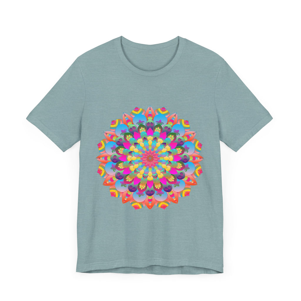 Colorful mandala flower t-shirt with vibrant psychedelic art design for a unique and eye-catching fashion statement