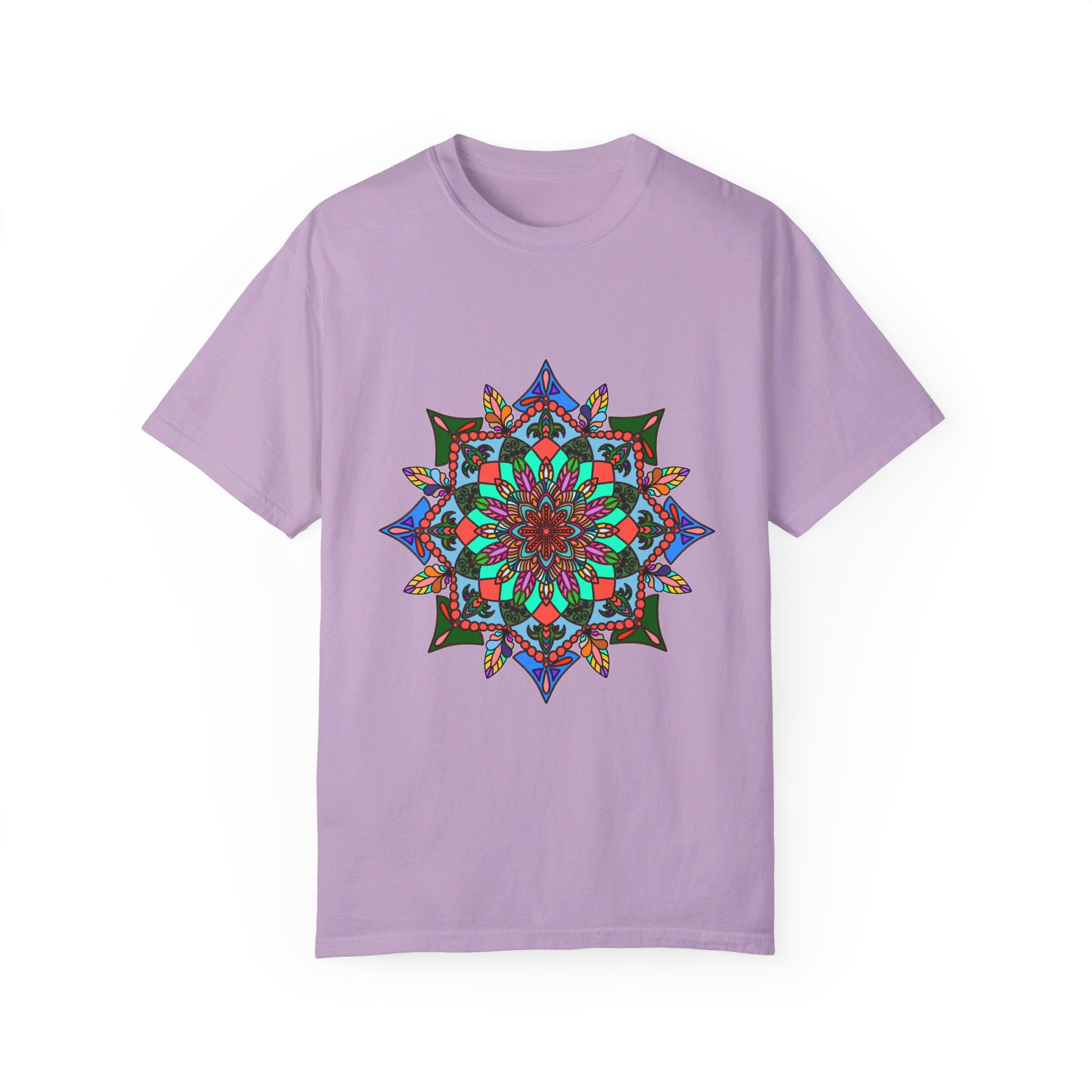 Hand-drawn mandala art unisex t-shirt made of 100% ring-spun cotton, garment-dyed for extra comfort