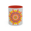 Multicolored mandala design on ceramic mug, featuring intricate floral patterns