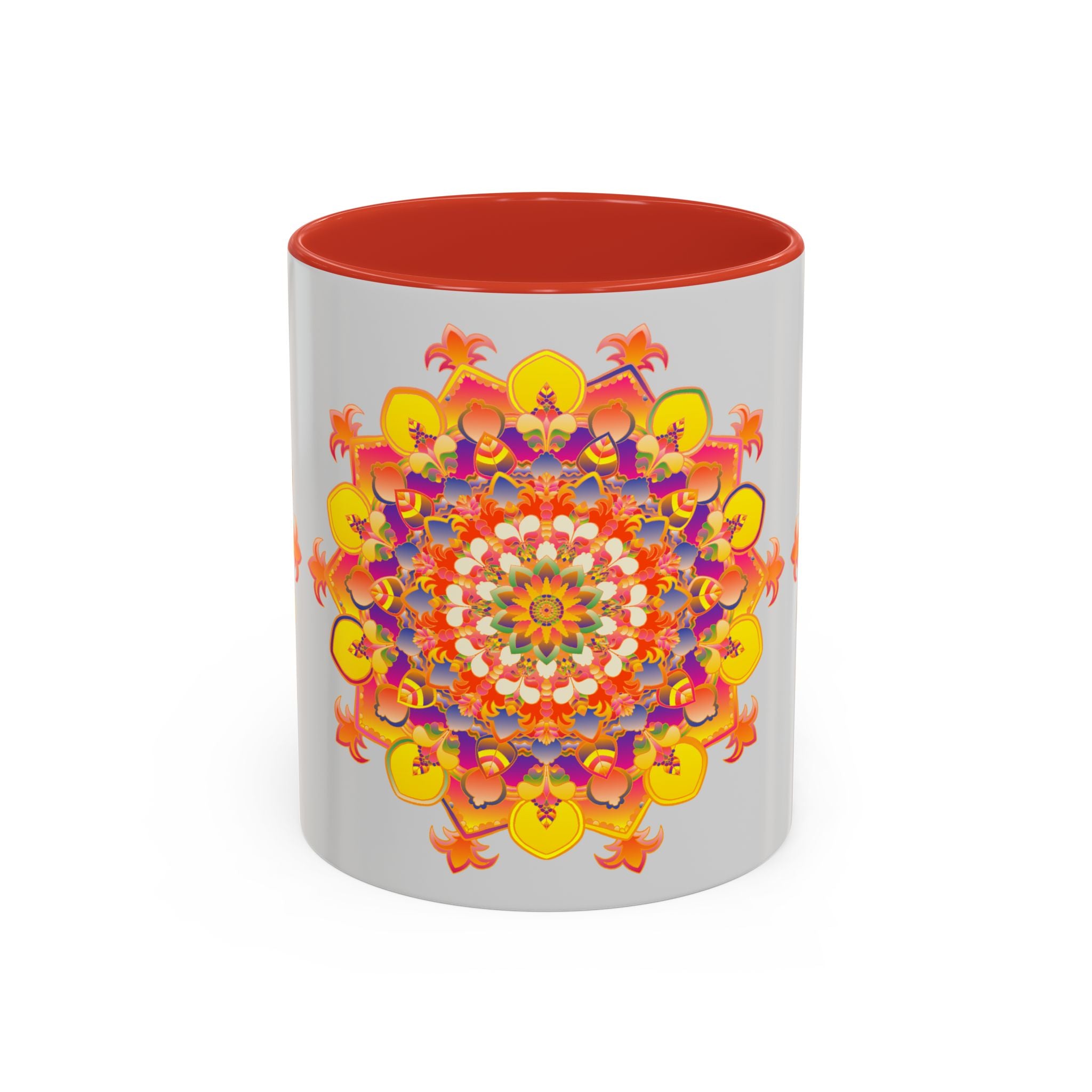 Multicolored mandala design on ceramic mug, featuring intricate floral patterns