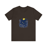 Black Cat Mystery T-Shirt featuring a whimsical floral design in black and white