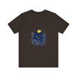 Black Cat Mystery T-Shirt featuring a whimsical floral design in black and white