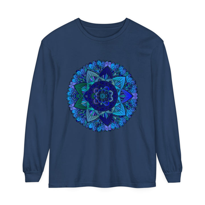 Dark blue and green mandala long sleeve t-shirt with intricate design