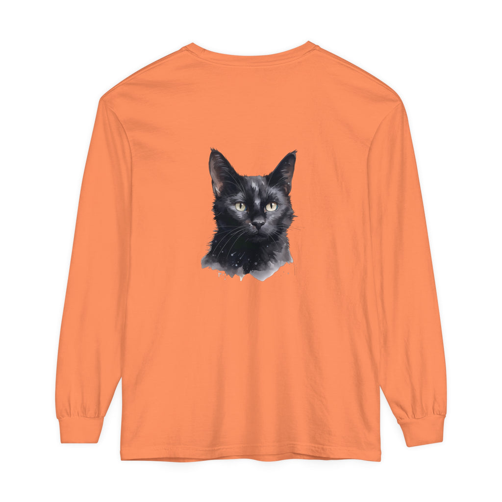 Black Cat Watercolor Unisex Long Sleeve T-Shirt featuring a detailed watercolor painting of a black cat on a soft, comfortable long sleeve shirt