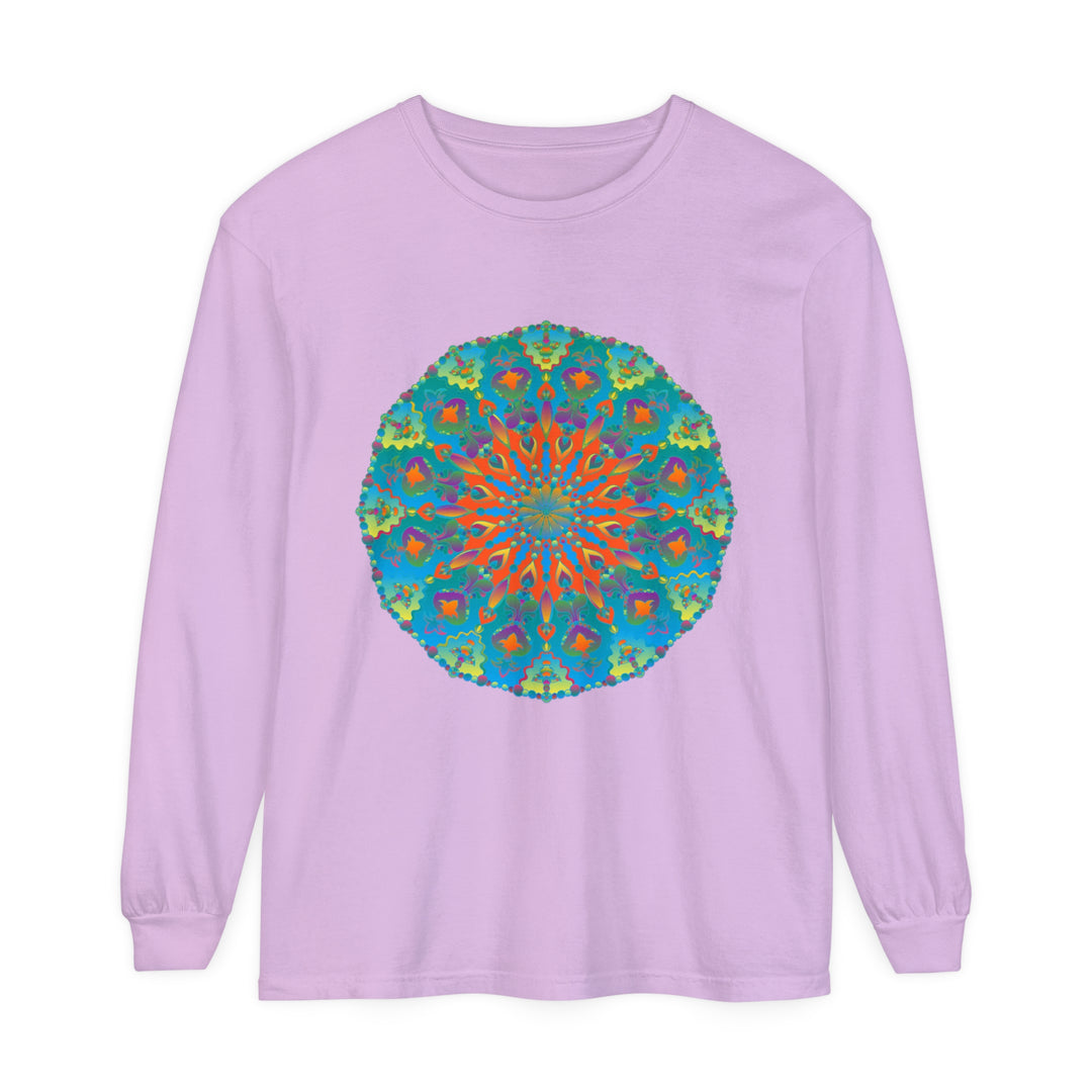 Colorful rainbow mandala design on a long sleeve t-shirt