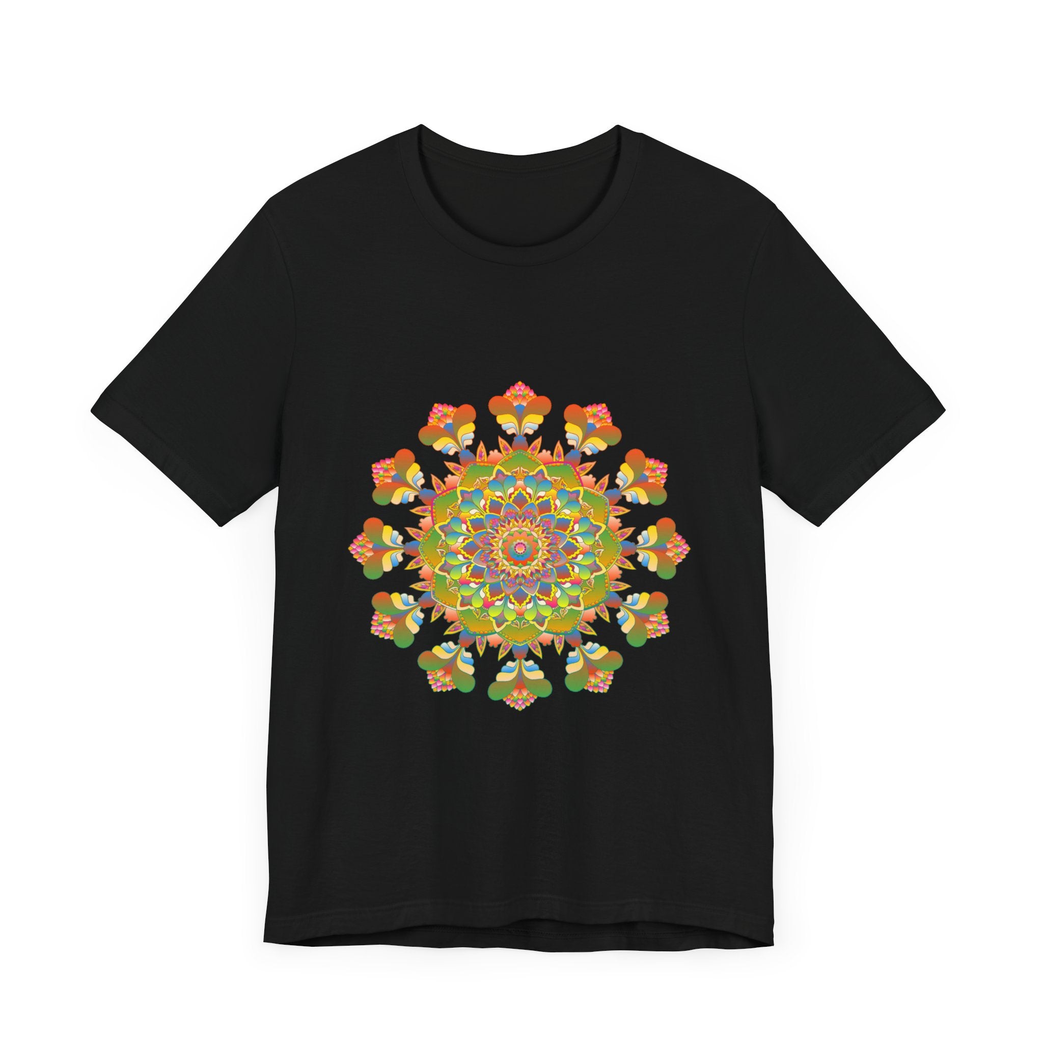 A close-up image of a vibrant mandala tee, featuring intricate and colorful patterns in shades of blue, purple, and pink, perfect for adding a pop of creativity to any outfit