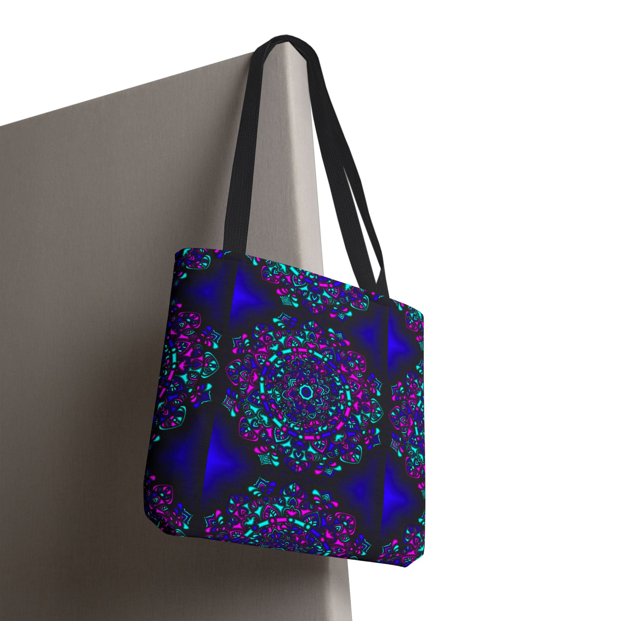 Kaleidoscope Mandala Tote Bag — Vibrant Neon Floral Pattern