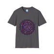 Softstyle unisex t-shirt with hand-drawn purple mandala art design