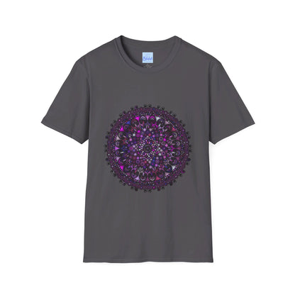 Softstyle unisex t-shirt with hand-drawn purple mandala art design