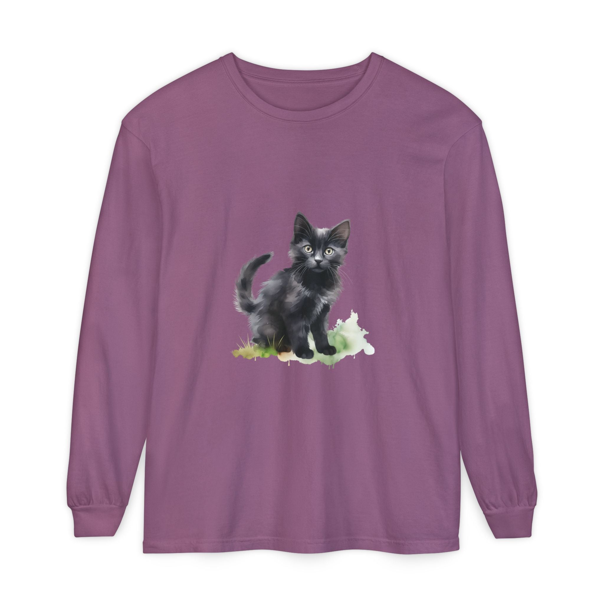 Maglietta a maniche lunghe con gatto nero e acquerello