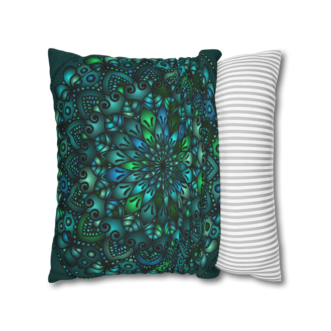 Fine art Spun Polyester Square Pillowcase Mandala Art in Petroleum Green, a beautiful and intricate hand-drawn design for home decor