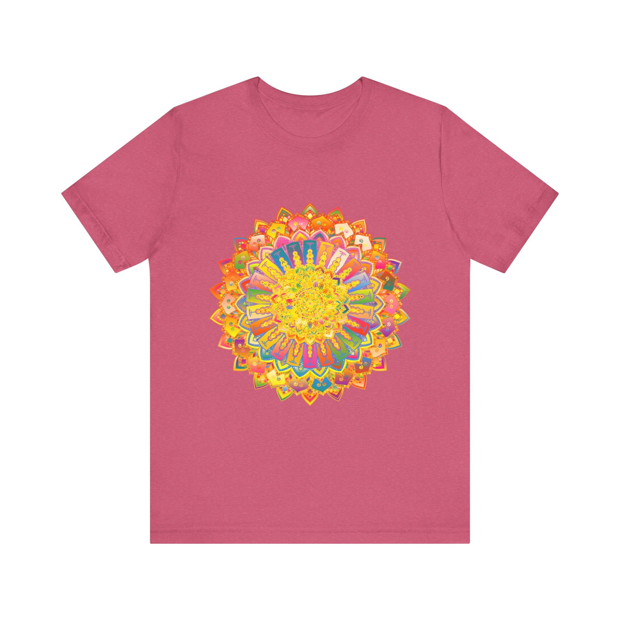 Beautiful and detailed colorful mandala tee shirt promoting peace and tranquility