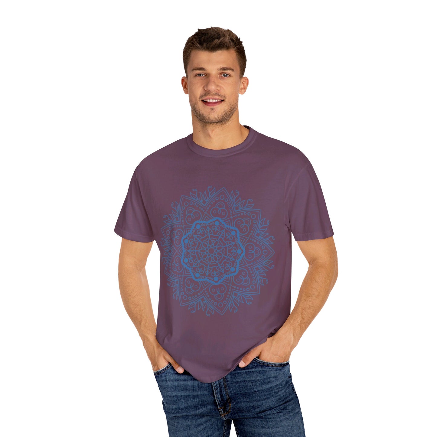 Unisex t-shirt featuring a hand-drawn mandala design, created with meticulous attention to detail and garment-dyed for a unique, artisanal look