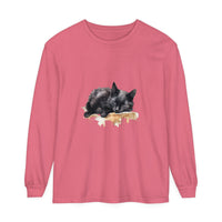 A beautiful watercolor illustration of a sleeping black cat on a t-shirt