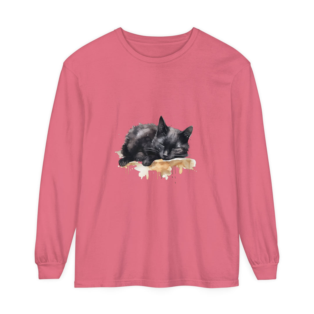 A beautiful watercolor illustration of a sleeping black cat on a t-shirt