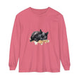 A beautiful watercolor illustration of a sleeping black cat on a t-shirt