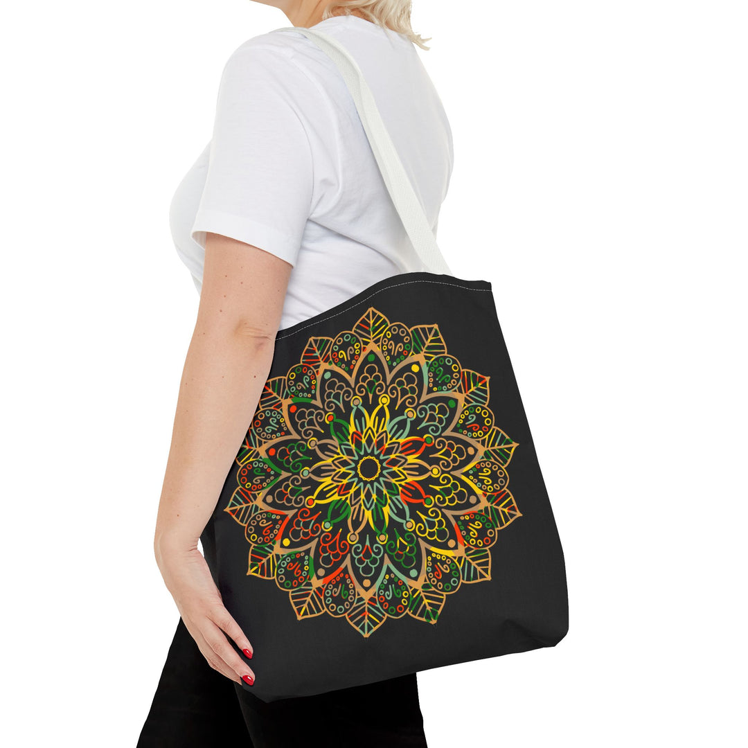 Colorful and intricate hand-drawn mandala art tote bag with all-over print design