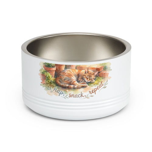 18oz Ceramic Pet Bowl — Watercolor Ginger Cat "Nap. Snack. Repeat."