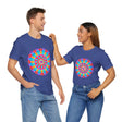 Vibrant and intricate mandala design t-shirt featuring psychedelic art in a rainbow of colors