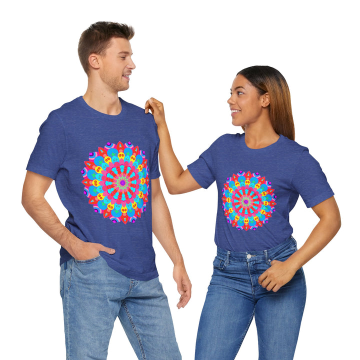 Vibrant and intricate mandala design t-shirt featuring psychedelic art in a rainbow of colors