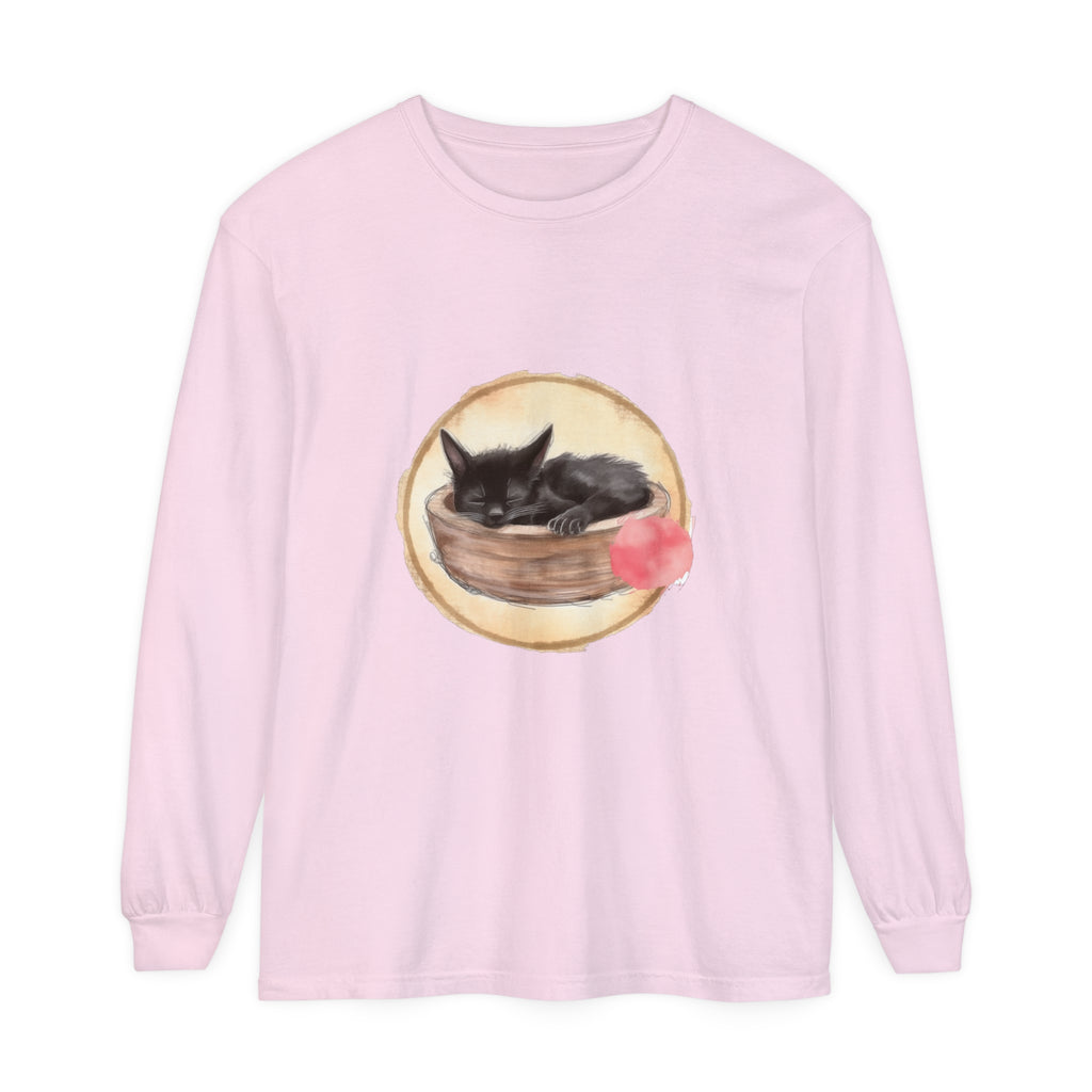 Watercolor long sleeve t-shirt featuring a cute sleeping cat in a bowl