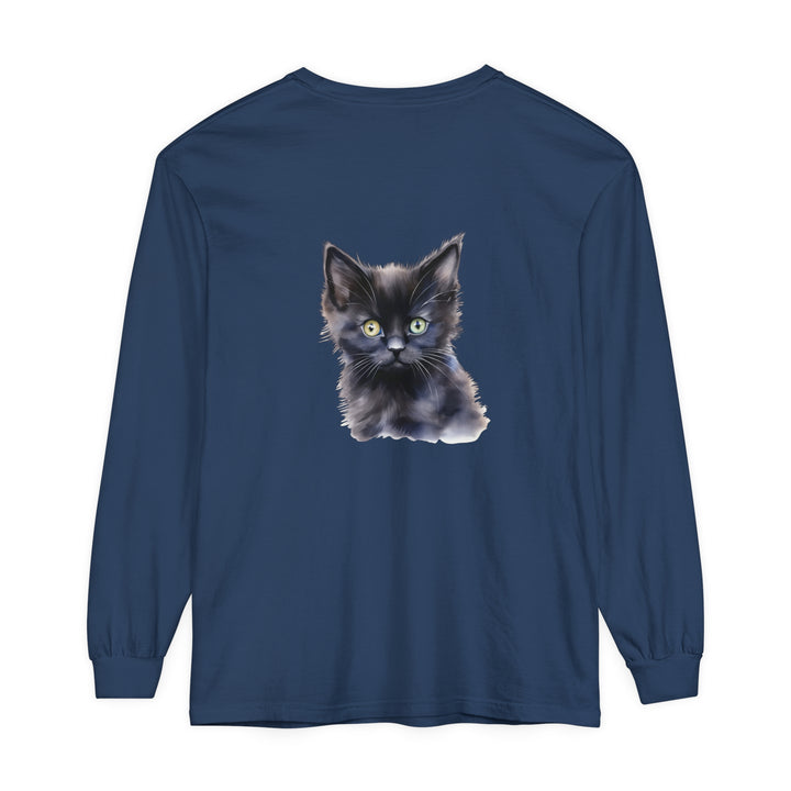 A mystical kitten surrounded by stars and moons printed on a unisex long sleeve t-shirt