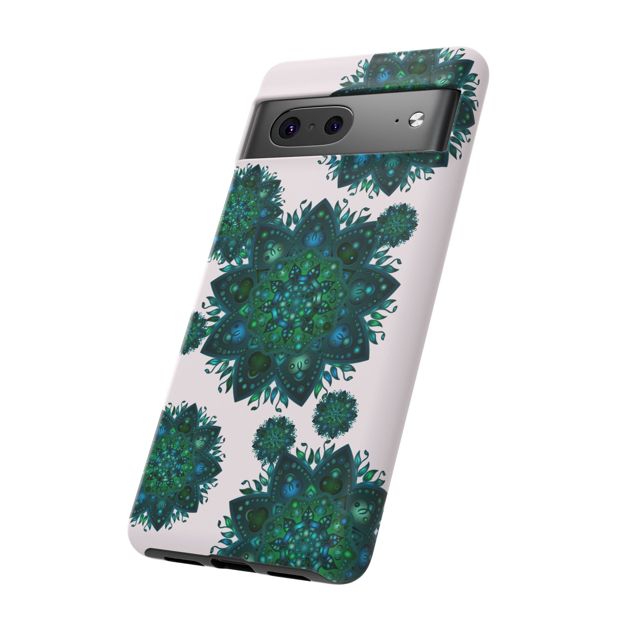 Light pink and green mandala phone case with a peaceful and intricate design